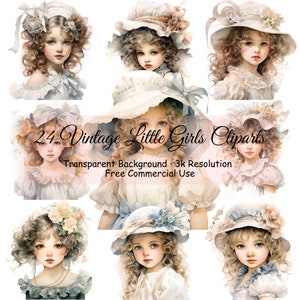 Set of 24 Vintage Little Girls Watercolor Clipart Bundle, Transparent PNG, Digital Download,Cute Kid Card Making Scrapbook Junk - 2134PC