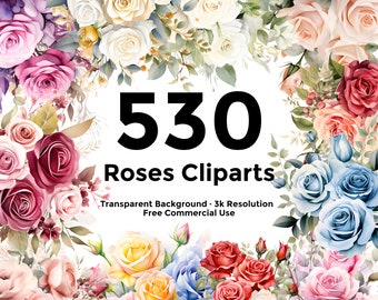 530 Roses Clipart Pack, Hand Drawn Flower Bouquet Clipart, Watercolor Greenery Clipart, Wedding Wreath Clipart - 2314PC
