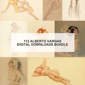 Könnte beinhalten: Eine Sammlung von Vintage-Pin-up-Kunstdrucken von Alberto Vargas. Die Bilder zeigen Illustrationen von Frauen in verschiedenen Posen mit einer Retro-Ästhetik. Der Text "112 ALBERTO VARGAS DIGITAL DOWNLOADS BUNDLE" wird in der Mitte des Bildes angezeigt.