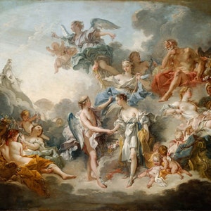 May include: A painting depicting a scene from Greek mythology with multiple figures, including a winged cupid, a woman holding a basket of flowers, and a man with a beard and a crown. The figures are surrounded by clouds and a bright sky.