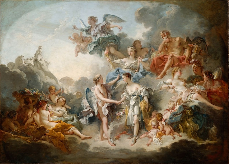 May include: A painting depicting a scene from Greek mythology with multiple figures, including a winged cupid, a woman holding a basket of flowers, and a man with a beard and a crown. The figures are surrounded by clouds and a bright sky.