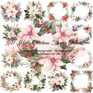 31 Pacote de clipart de flores de Natal de azevinho, PNG transparente, buquês de flores, guirlanda de flores, confecção de cartões, uso comercial - 2266PC