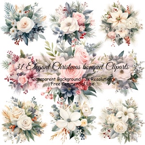 31 Pacote de clipart de buquê de Natal elegante, PNG transparente, buquês de flores, guirlanda de flores, criação de cartões, uso comercial - 2230PC