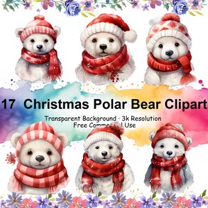 Set of 17 Watercolor Christmas Polar Bear Clipart, Baby Bear PNG, Polar Bear Sublimation, Xmas Bear, Commercial Use - 2014PC