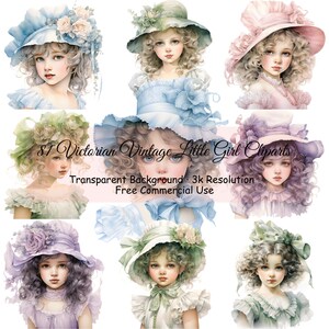 Set of 81 Victorian Vintage Little Girl Watercolor Clipart Bundle, Transparent PNG, Digital Download,Card Making Scrapbook Junk - 2118PC