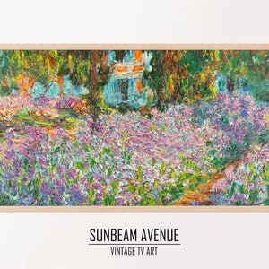 May include: A framed print of a colorful impressionist painting. The artwork depicts a vibrant garden scene with purple, pink, and green flowers. The text "SUNBEAM AVENUE VINTAGE TV ART" is printed at the bottom of the frame.