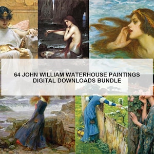 Conjunto de 64 impresión de John William Waterhouse, descarga digital, cartel de William Waterhouse, impresión de pintura de paisaje arte de la pared de la naturaleza - 2001PB