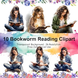 Set von 10 Bücherwurm Lesen Aquarell Clipart Bundle, transparent PNG, Mädchen studieren Clipart, Buchliebhaber, Schüler Papier Handwerk, Junk - 2016PC