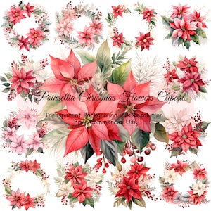 51 Pacote de clipart de flores de Natal Poinsétia, PNG transparente, buquês de flores, guirlanda de flores, confecção de cartões, uso comercial - 2252PC