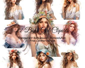 Set of 22 Boho Girl Watercolor Clipart Bundle, Transparent PNG, Digital Download,Card Making,Papecraft,Pretty Girl Fashion - 2148PC