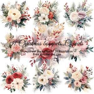 31 buquês de Natal, pacote de clipart, PNG transparente, buquês de flores, guirlanda de flores, confecção de cartões, uso comercial - 2249PC