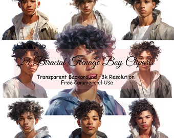 24 Biracial Teenage Boy Watercolor Bundle, Transparent PNG, Digital Download, Junk Journal Scrapbooking, Portrait Clipart, - 2159PC