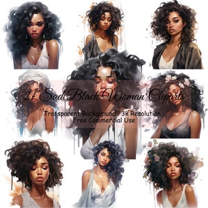 21 Paquete de acuarela de mujer negra triste, PNG transparente, descarga digital, scrapbooking de diario basura, imágenes prediseñadas de retrato, comercial - 2160PC