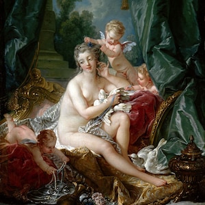 May include: A painting depicting a woman reclining on a chaise longue with two cherubs and doves. The woman is nude and wears a pearl necklace. The cherubs are holding doves, and the woman is holding a dove in her hand. The painting is set in a lush garden with a blue sky and white clouds.