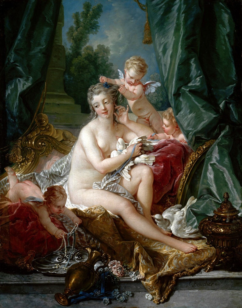 May include: A painting depicting a woman reclining on a chaise longue with two cherubs and doves. The woman is nude and wears a pearl necklace. The cherubs are holding doves, and the woman is holding a dove in her hand. The painting is set in a lush garden with a blue sky and white clouds.
