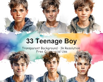 Set of 33 Teenage Boy Watercolor Clipart Bundle, Transparent PNG, Portrait clipart, Digital Download,Card Making Scrapbook Junk - 2026PC