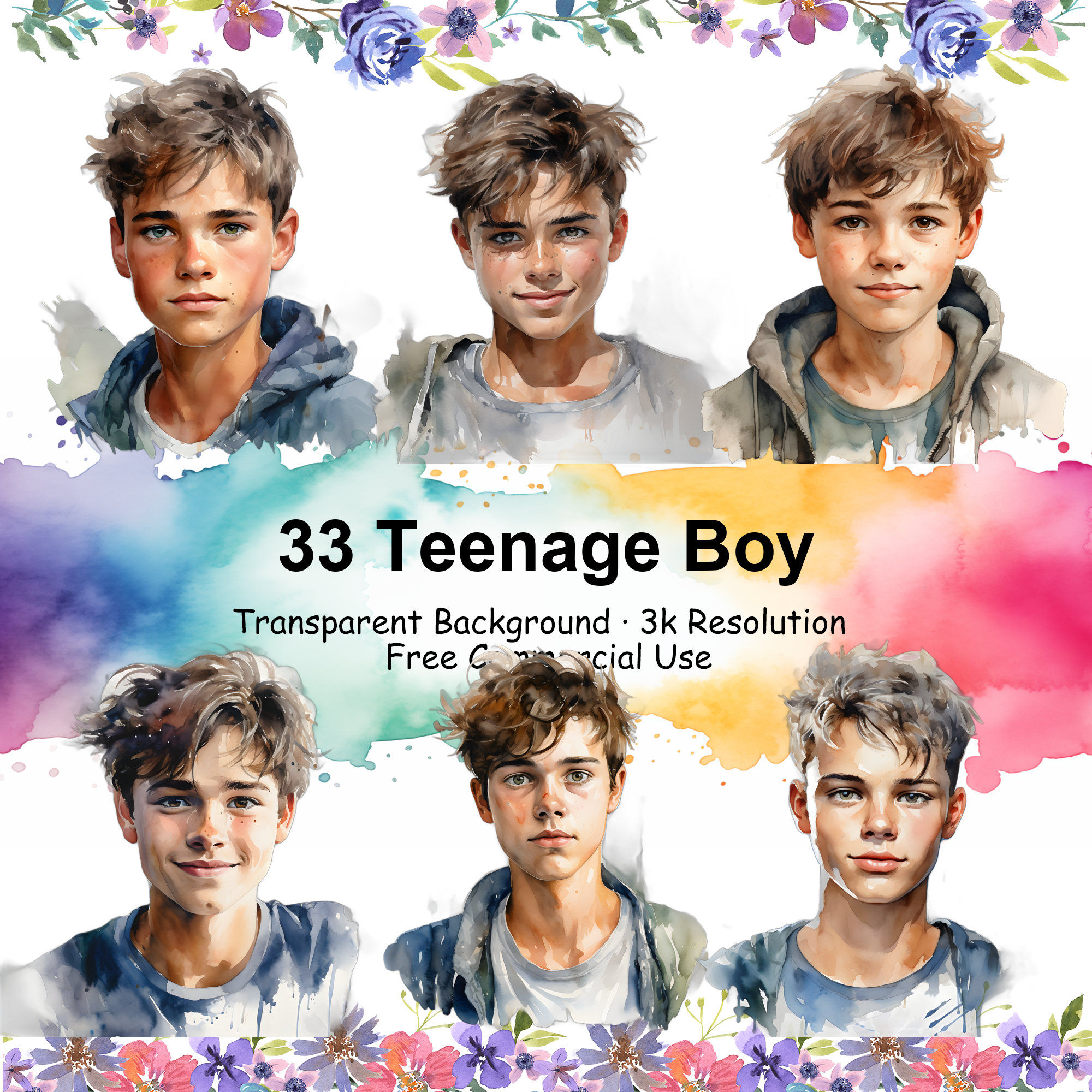 Set of 33 Teenage Boy Watercolor Clipart Bundle, Transparent PNG ...