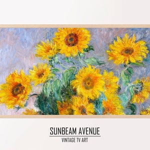 May include: A painting of a bouquet of yellow sunflowers in a vase. The sunflowers are arranged in a loose, natural way, and the background is a soft, muted blue.