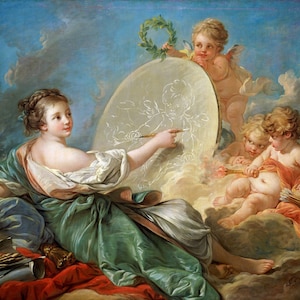 May include: A woman in a flowing green gown sits on a cloud and draws on a circular canvas. Two cherubs, one holding a torch and the other holding a bow and arrow, watch her work. The scene is set against a blue sky with white clouds.
