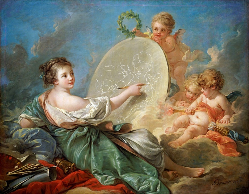 May include: A woman in a flowing green gown sits on a cloud and draws on a circular canvas. Two cherubs, one holding a torch and the other holding a bow and arrow, watch her work. The scene is set against a blue sky with white clouds.