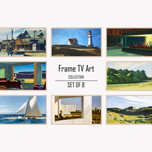 May include: Set of eight framed prints featuring iconic American realist paintings by Edward Hopper. The prints depict scenes of everyday life, including a lighthouse on a rocky coast, a diner at night, a room with a view, a sailboat on the water, and a cityscape.