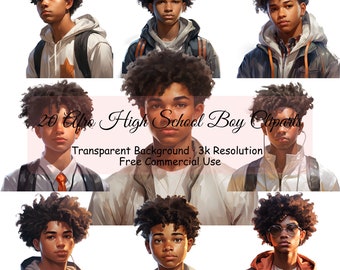20 Afro High School Boy Watercolor Bundle, Transparent PNG, Digital Download, Junk Journal Scrapbooking, Portrait Clipart, - 2198PC
