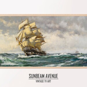 May include: A vintage painting of a large sailing ship with billowing white sails, navigating through choppy blue waters under a cloudy sky.