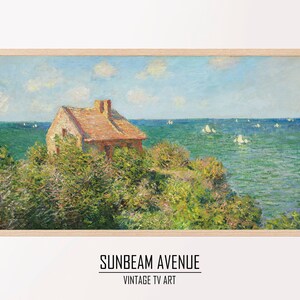May include: A painting of a small, red-roofed house on a cliff overlooking a blue ocean with sailboats in the distance. The house is surrounded by green trees and bushes. The sky is blue with white clouds.