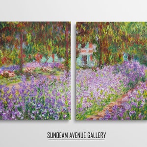 May include: A split-panel painting of a garden scene with a path leading through a field of purple flowers. The painting is in a style reminiscent of Impressionism, with visible brushstrokes and a focus on light and color.