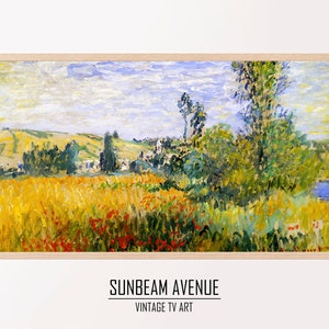 May include: A painting of a landscape with a field of yellow wheat and red poppies in the foreground. There are trees and a river in the background. The sky is blue with white clouds.
