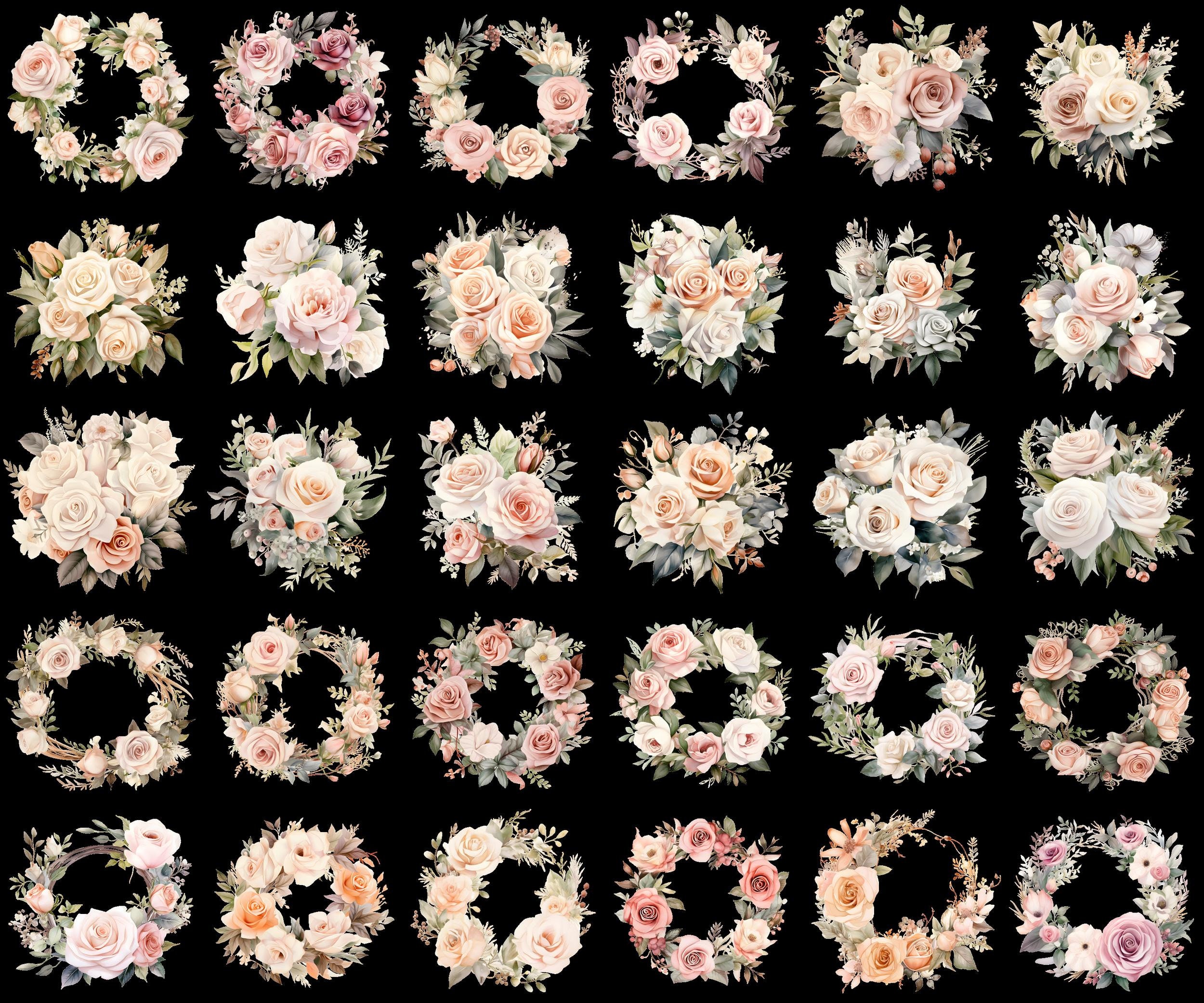 Neutral Roses Printable 30 Neutral Rose Clipart Bundle, Transparent PNG, Flower Bouquets ...