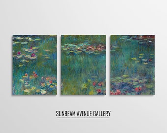 May include: A triptych of three paintings depicting a pond with water lilies and lily pads. The water is a vibrant green and blue, with hints of yellow and pink. The lily pads are a variety of shades of green, and the lilies are pink and white. The paintings are framed in black.