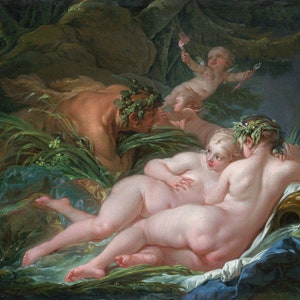 May include: A painting depicting a scene of three nude figures in a lush, green woodland setting. Two women are reclining on a bed of leaves, while a man with a wreath of leaves on his head is partially hidden in the foliage behind them. A winged cherub is flying above the scene, holding a bow and arrow.