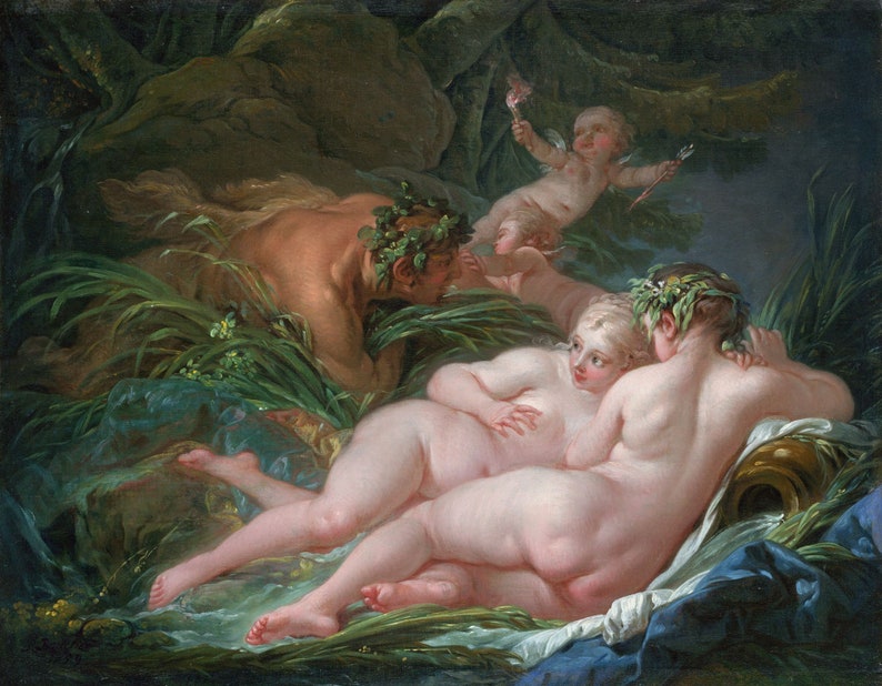 May include: A painting depicting a scene of three nude figures in a lush, green woodland setting. Two women are reclining on a bed of leaves, while a man with a wreath of leaves on his head is partially hidden in the foliage behind them. A winged cherub is flying above the scene, holding a bow and arrow.