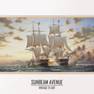 May include: A painting of two sailing ships in a battle at sea. The ships are firing cannons at each other, and there is smoke and fire in the air. The sky is a dramatic sunset with clouds. The painting is framed in a light wood frame.