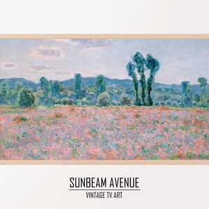 May include: A painting of a field of pink flowers with a row of trees in the background. The sky is a light blue with some clouds. The painting is in a wooden frame.