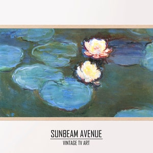 May include: A painting of two white water lilies with pink centers, floating on a pond with green lily pads. The water is a deep blue-green color.