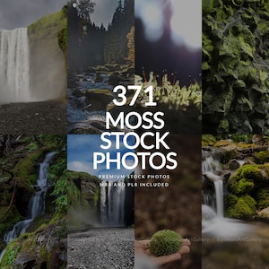 May include: A collage of nature photographs featuring waterfalls, streams, and moss-covered rocks. The central image displays the text "371 MOSS STOCK PHOTOS" with "PREMIUM STOCK PHOTOS MRR AND PLR INCLUDED" below it. The images are from SunbeamArtGallery.