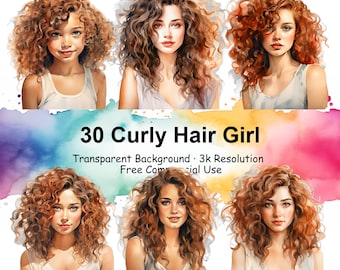 Set of 30 Curly Hair Girl Watercolor Clipart Bundle, Transparent PNG, Digital Download, Junk Journal Scrapbooking,Fashion - 2024PC