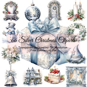 Set of 66 Silver Christmas Clipart Watercolor Bundle, Transparent PNG, Winter Holiday clipart,Digital Download, Card Making - 2072PC