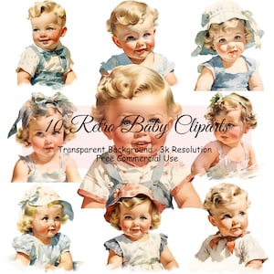 Set of 10 Retro Baby Watercolor Clipart Bundle, Transparent PNG, Digital Download, Cute Baby Clipart,Card Making Scrapbook Junk - 2142PC