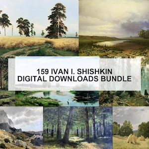 Puede incluir: Un conjunto digital de 159 pinturas de paisajes de Ivan I. Shishkin. Las imágenes muestran diversas escenas naturales, como bosques, campos y ríos, con un enfoque en la luz natural y representaciones detalladas de árboles y follaje. El texto en la imagen dice: "159 IVAN I. SHISHKIN DIGITAL DOWNLOADS BUNDLE."