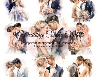 Conjunto de 9 paquetes de imágenes prediseñadas de acuarela de pareja de bodas, novio de novia de diario basura, PNG transparente, imágenes prediseñadas románticas, descarga digital - 2034PC