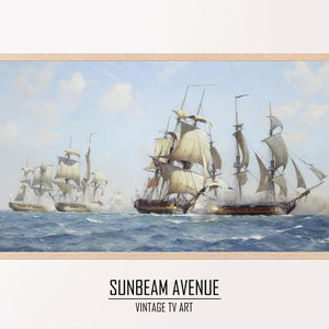 Könnte beinhalten: Ein Vintage-Gemälde, das eine Seeschlacht darstellt. Das Gemälde zeigt mehrere Schiffe mit weißen Segeln, die sich mit Kanonen beschießen. Der Himmel ist blau mit weißen Wolken. Das Wasser ist tiefblau mit Schaumkronen.