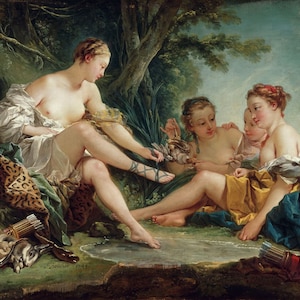 May include: A painting depicting three women in a woodland scene. The women are nude and are holding hunting equipment, such as a bow and arrow, a quiver of arrows, and a dead rabbit. The painting is set in a verdant forest with trees and foliage. The women are portrayed in a relaxed and natural pose, suggesting a scene of leisure and enjoyment.