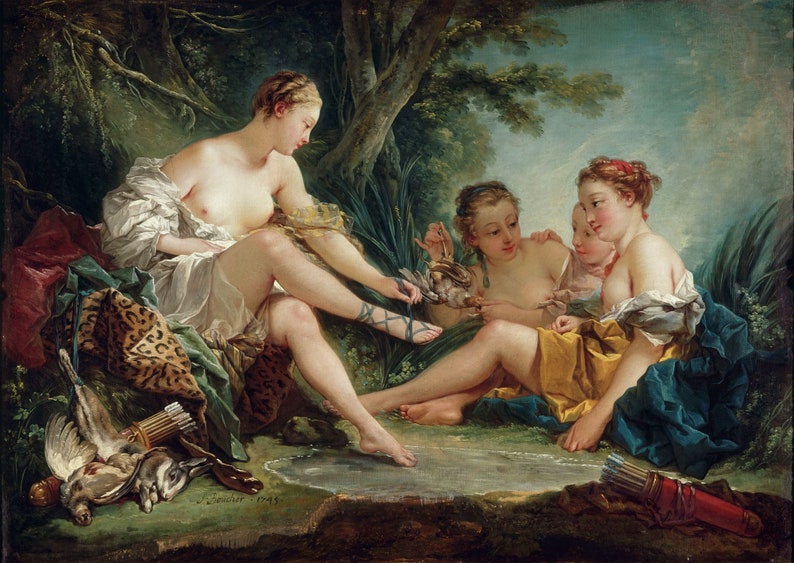 May include: A painting depicting three women in a woodland scene. The women are nude and are holding hunting equipment, such as a bow and arrow, a quiver of arrows, and a dead rabbit. The painting is set in a verdant forest with trees and foliage. The women are portrayed in a relaxed and natural pose, suggesting a scene of leisure and enjoyment.