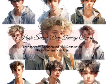 23 High School Boy Teenage Watercolor Bundle, Transparent PNG, Digital Download, Junk Journal Scrapbooking, Portrait Clipart, - 2187PC