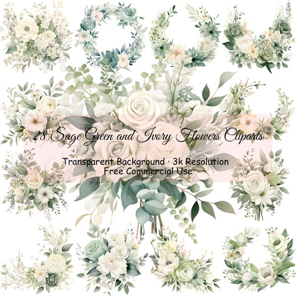 28 Sage Green and Ivory Flowers Clipart Bundle, Transparent PNG, Flower Bouquets, Flower Wreath, Card Making,Commercial Use - 2248PC