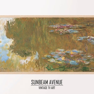May include: A framed print of a water lily pond, featuring impressionistic brushstrokes in shades of green, yellow, and blue. The artwork is reminiscent of Monet's style, with reflections and lily pads. The frame is a light wood color. The text "SUNBEAM AVENUE VINTAGE TV ART" is at the bottom.