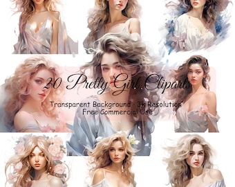 20 Pretty Girl Watercolor Bundle, Transparent PNG, Digital Download, Junk Journal Scrapbooking, Portrait Clipart, Commercial Use - 2177PC